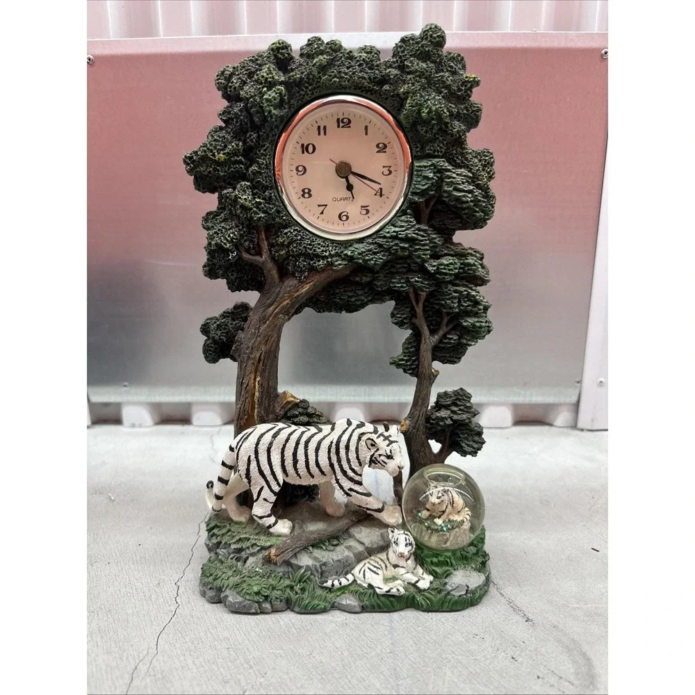 Vintage White Tiger Figurine Clock With Mini Snow globe Year 2000